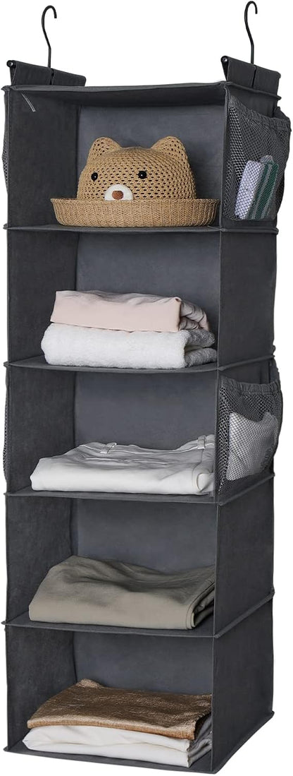 MAX Houser 4-Shelf Hanging Closet Organizer, Space Saver, Cloth Hanging Shelves with 2 Side Pockets, Foldable (Beige)