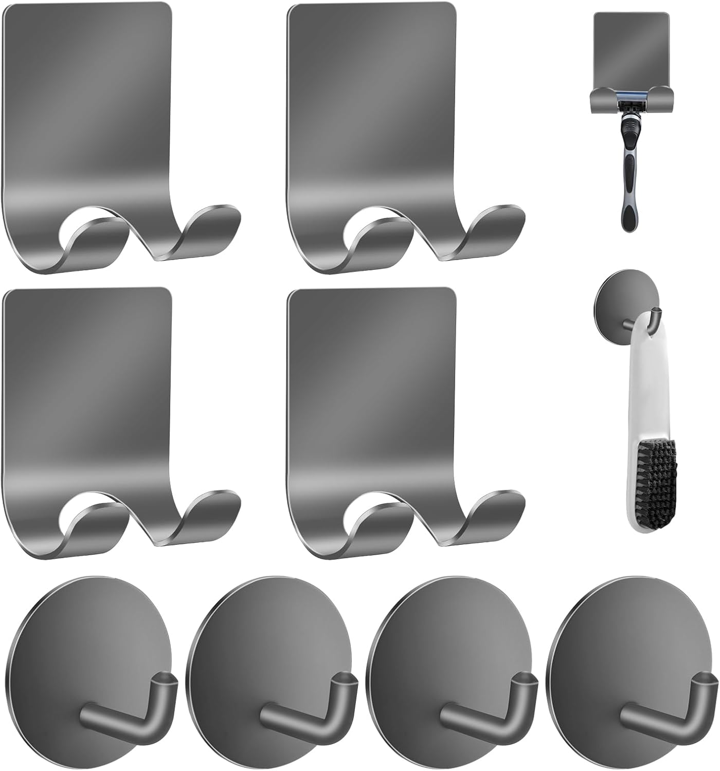 Diesisa Razor Holder for Shower + Adhesive Wall Hooks, Premium 304 Stainless Steel Shower Razor Holder with Heavy Duty Waterproof Sticky Hooks for Hanging Towels, Coat, hat (2+2 Pack)