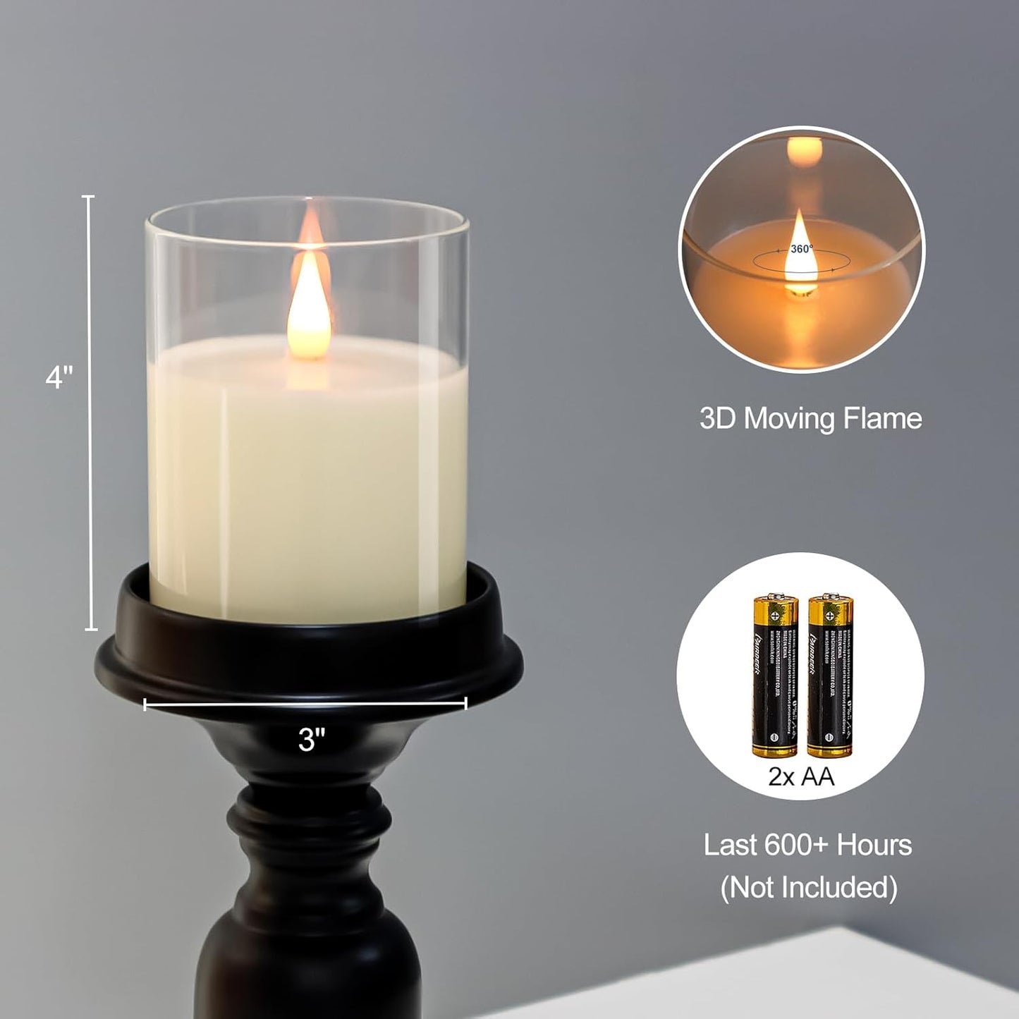 TECHLONG Flameless Candles Battery Operated with Remote Timer, 3D Moving Flame Flickering, Last 600+ Hours Battery Candles, 3" x 3" Ivory Real Wax Electric LED Candle for Wedding Party, Set of 2