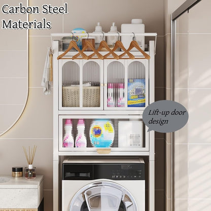 Above Washing Machine Shelf with with Flip-Top Door, Multi-Story Floor Laundry Room Storage Rack with Drying Rod and 4 Hooks for Laundry Room(White)