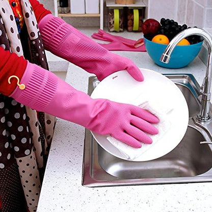 Long Cuff Rubber Cleaning Gloves for Household and Kitchen, Durable Dishwashing Gloves with Textured Grip, Medium Size Protection Reusable for Deep Cleaning, Mopping, and Car Detailing, Pink