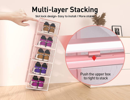 Kuject X-Large Shoe Storage Boxes Organizers for Closet 12 Pack, Fit Size 11,Clear Plastic Stackable Sneaker Containers for Entryway, Space Saving Shoe Rack, Brown