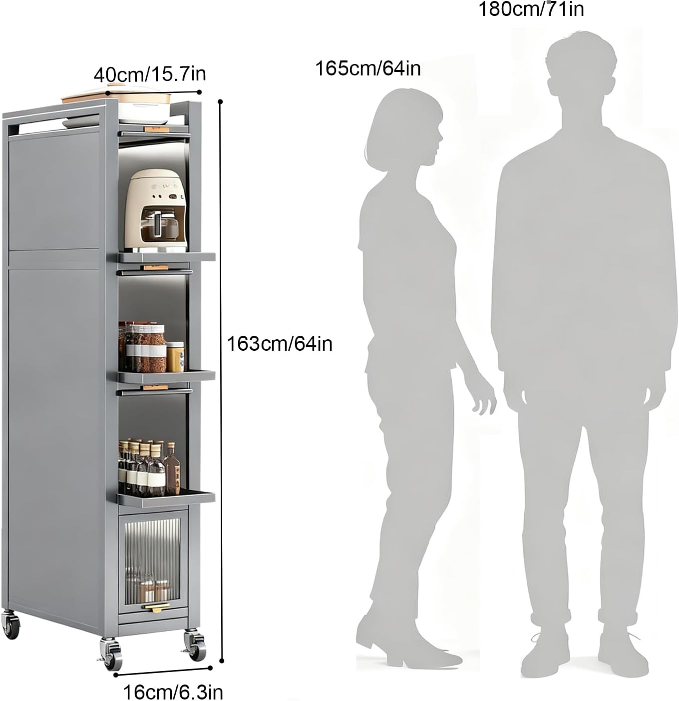 5-Tier Tall Narrow Mobile Shelf Organizer, Slim Storage Cart on Wheels | Pull Out Cabinet Organizer for Small Space Kitchen Space Saving, with Transparent Flap Door Design, Grey