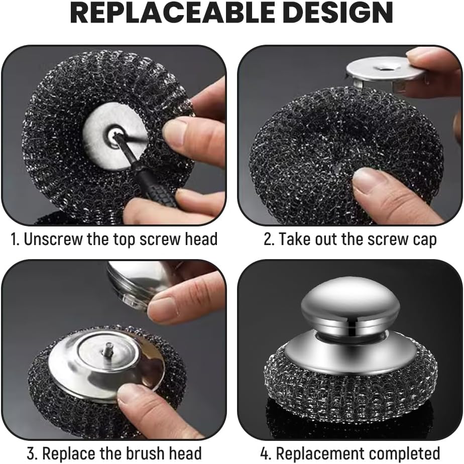 Steel Wool Scrubber with Handle, Upgrade Heavy Duty Stainless Steel Dish Scrubber for Cleaning Dishes, Iron Pots, Stoves, Kitchen Sink (1 pcs)