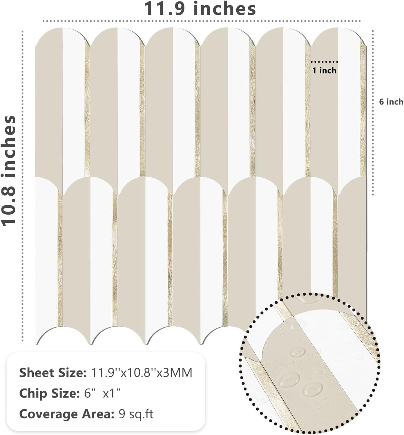 Vamos Peel and Stick Backsplash Seamless Tile for Kitchen and Bathroom,White and Beige Slate PVC Mixed Light Gold Self Adhesive Fish Scale Metal Mosaic Tiles (10 Sheets)