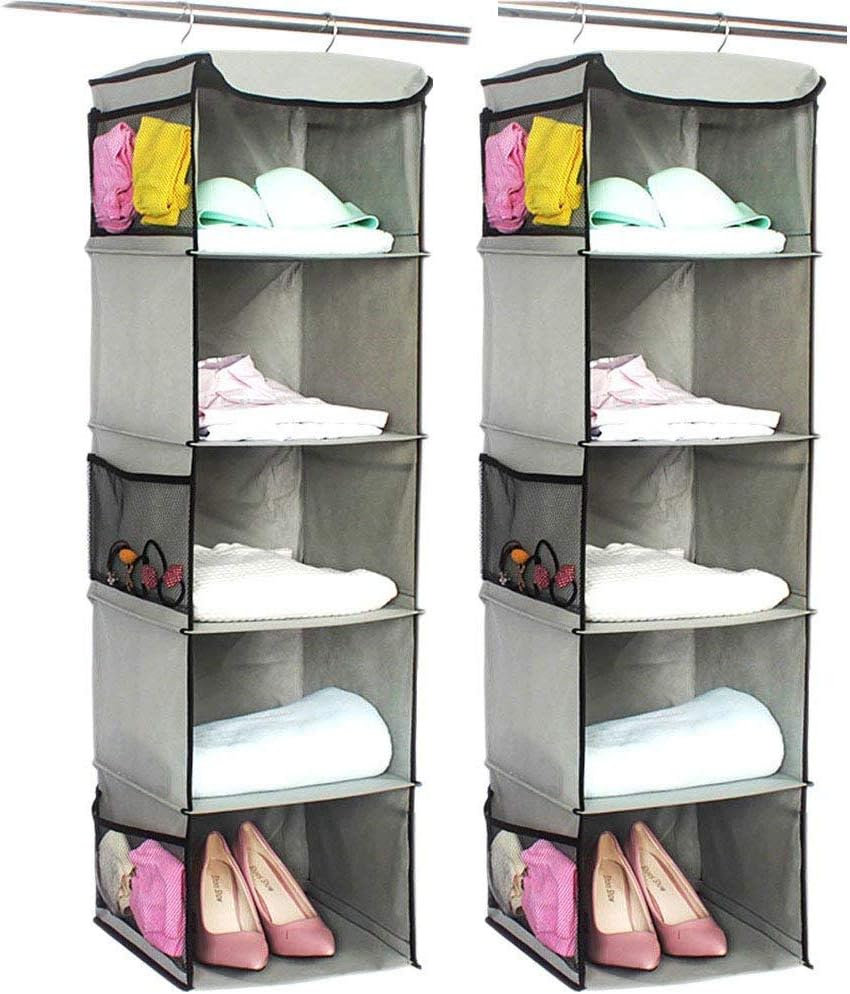 BrilliantJo 2 Pack Hanging Closet Organizer, 5 Shelves Hanging Storage with 6 Side Pockets for Clothes Shoes, 43"x12"x12"(Black)