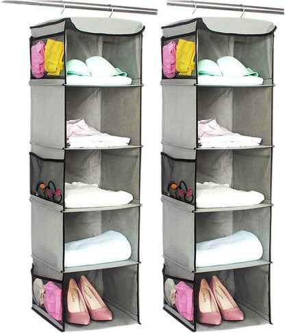 BrilliantJo 2 Pack Hanging Closet Organizer, 5 Shelves Hanging Storage with 6 Side Pockets for Clothes Shoes, 43"x12"x12"(Black)