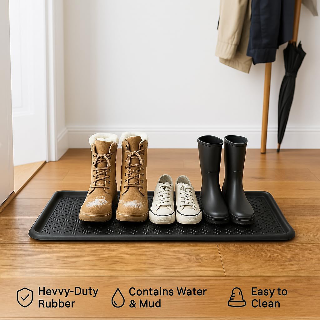 Rubber Boot Tray Scraper Mat – 13/16″ Thick, 32″ × 16″ Heavy-Duty Floor Protection Mat for Shoes, Indoor Outdoor Use