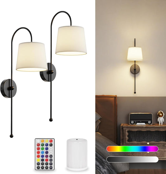 Battery Operated Wall Sconce Set of 2, Rechargeable Wireless Wall Decor Sconces, Two Battery Powered Wall Lights, Dimmable Magnetic RGB Bulbs & Remote, Lamp for Living Room Bedroom - Gold