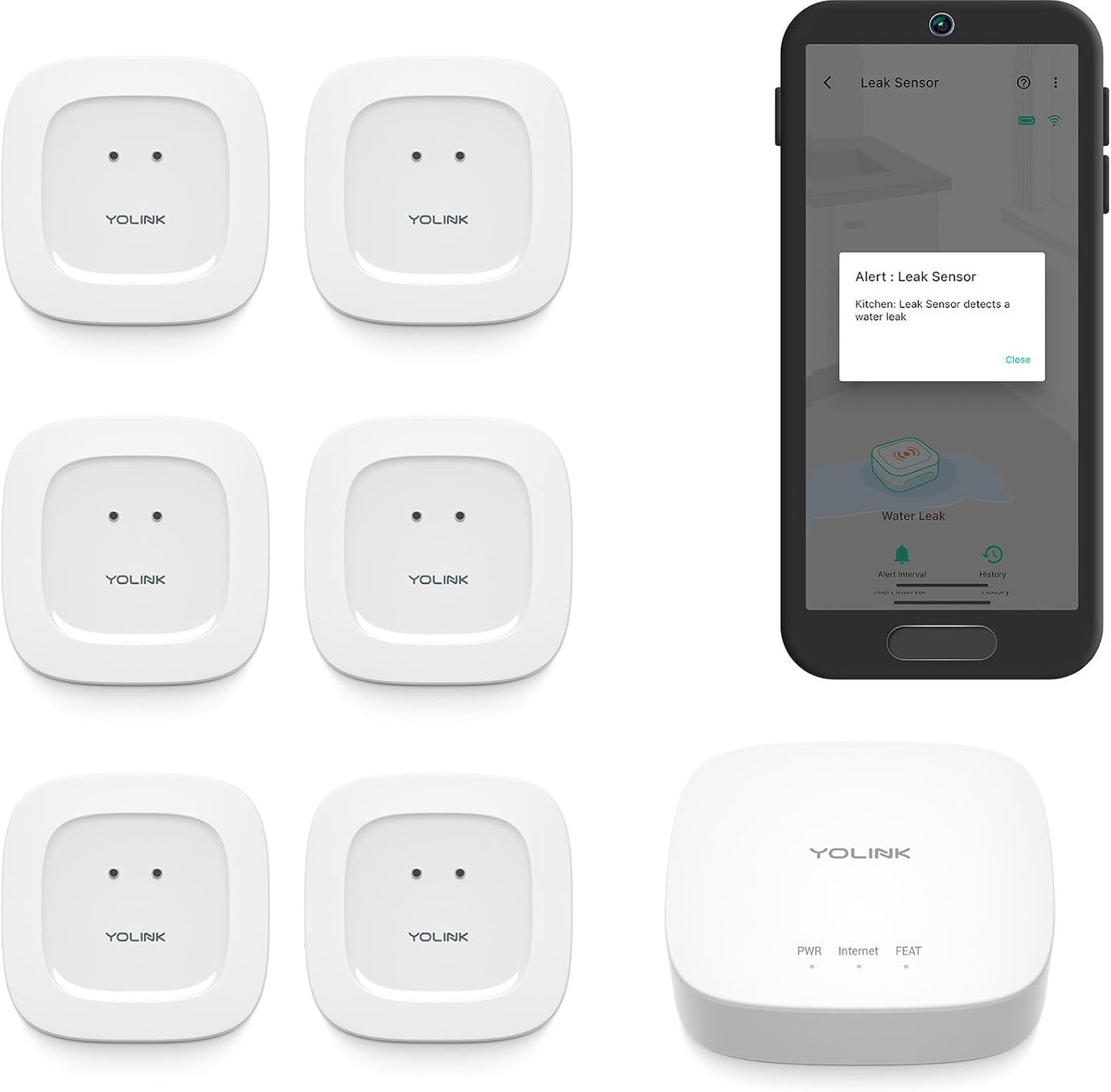 YoLink Water Leak Starter Kit: Hub + 4 Leak Sensor 1 (Silent), LoRa Long-Range, App/SMS/Email Alerts, D2D Offline Triggers, 2 AAA Up to 5-Year Battery, Compatible with Alexa/IFTTT/Home Assistant