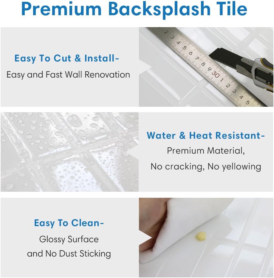 COMSTICKC Pure White Peel and Stick Backsplash,10 Pcs 12''x12'',Glossy White Peel and Stick Tiles Stickers Vinyl Backsplash Kitchen Bathroom,Waterproof,Removable