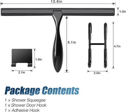 Simtive 14-Inch Shower Squeegee Set, Includes Shower Door Hook and Adhesive Hook, Squeegee for Shower Doors, Mirror and Window, Silver