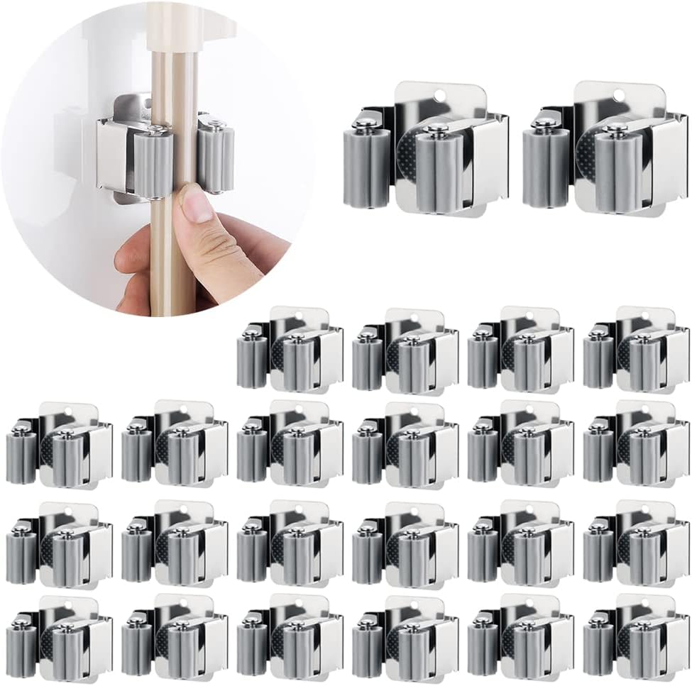 JAMEND CLXP 24PCS Broom and Mop Holder, Heavy Duty Garden Tool Organizer Rack Rake and Shovel Handle, Stainless Steel Mop Hanger. Wall Mounted with Screws.Matte Black