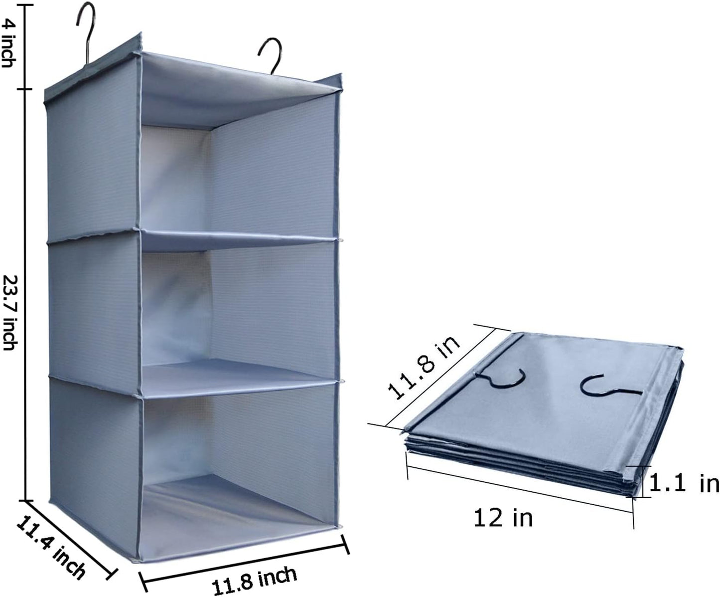 Hanging Closet Organizer 3-Shelf, Oxford Fabric Wardrobe Storage, Gray | Easy-mount foldable design holds clothes, handbags, shoes & accessories; washable Oxford fabric, sturdy and space-saving.