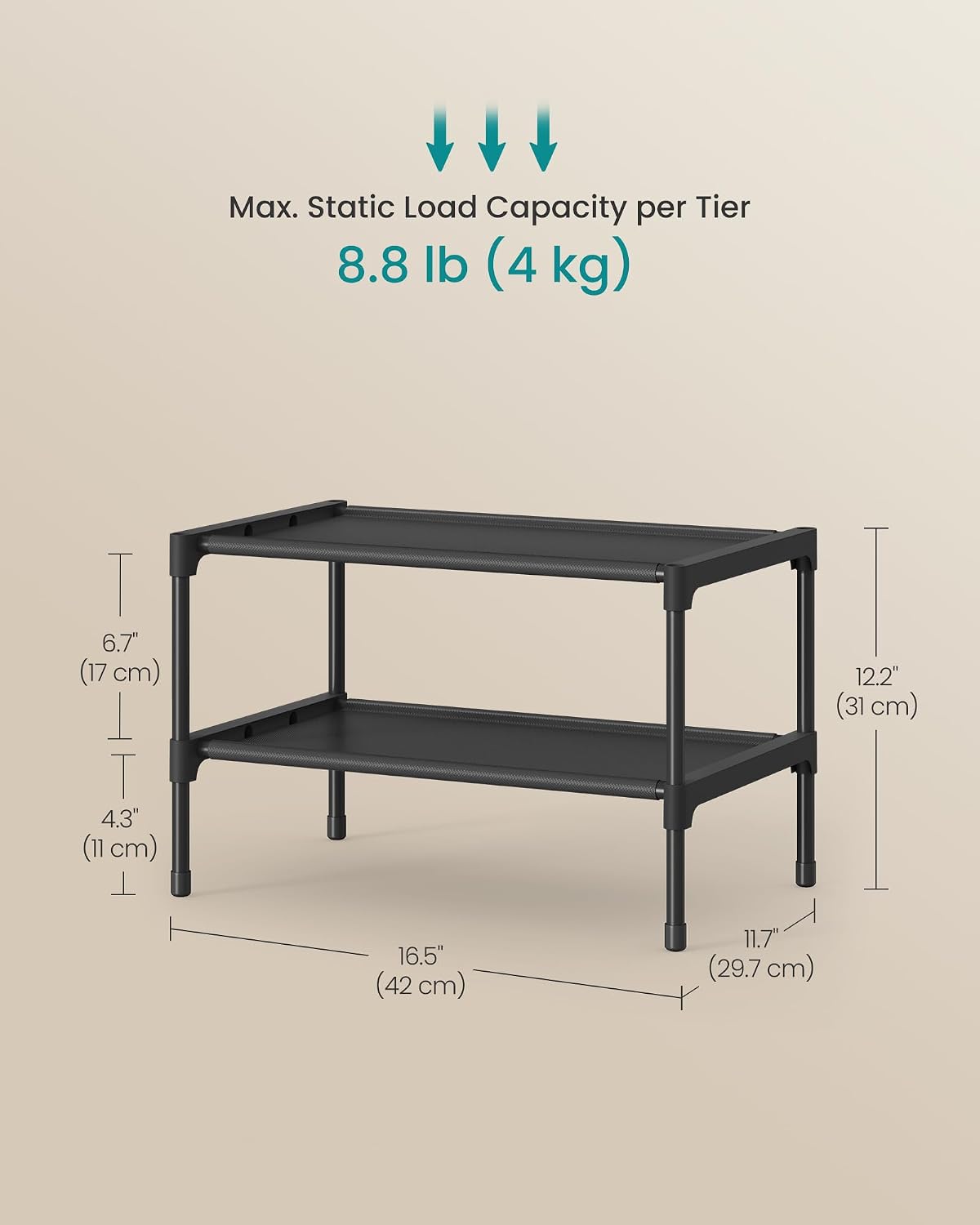 SONGMICS Shoe Rack, 2-Tier Shoe Storage Organizer, Space-Saving, 11.7 x 16.5 x 12.2 Inches, Entryway, Metal Frame, Non-Woven Fabric Shelves, Ink Black ULSH012BH01