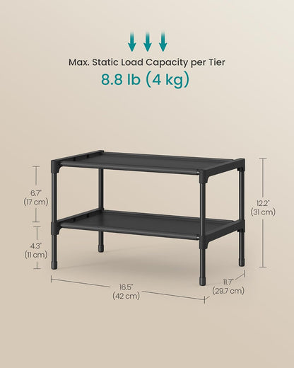 SONGMICS Shoe Rack, 2-Tier Shoe Storage Organizer, Space-Saving, 11.7 x 16.5 x 12.2 Inches, Entryway, Metal Frame, Non-Woven Fabric Shelves, Ink Black ULSH012BH01