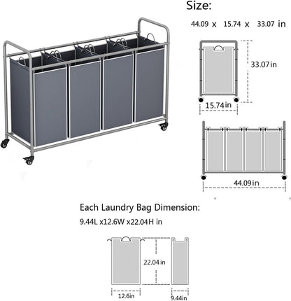 LINZINAR 3-Bag Laundry Hamper, Black Laundry Basket, 35.6 Gal(135 L) Laundry Sorter Cart Laundry Room Organization with Heavy Duty Rolling Lockable Wheels and Removable Bags