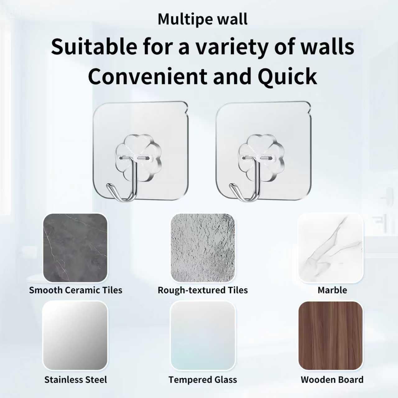 Adhesive Hooks, Hold 33lb(Max) Heavy Duty Sticky Hooks,Waterproof and Rustproof Wall Hooks for Hanging Can be Use Kitchen Bathroom Ceiling Office Window Home Improvement (Transparent 10PCS)