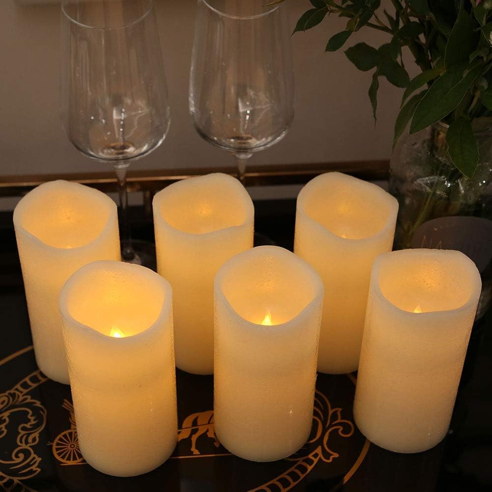 H-BLOSSOM Flameless Candles Battery Operated Real Wax Pillar LED Candles with 10 Key Remote Control Cycling 24 Hours Timer Set of 6 (3" x 6" Remote)