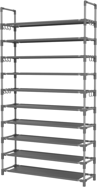LANTEFUL 10 Tiers Tall Shoe Rack 20-25 Pairs Boots Organizer Storage Sturdy Narrow Shoe Shelf for Entryway, Closets with Hooks, Black
