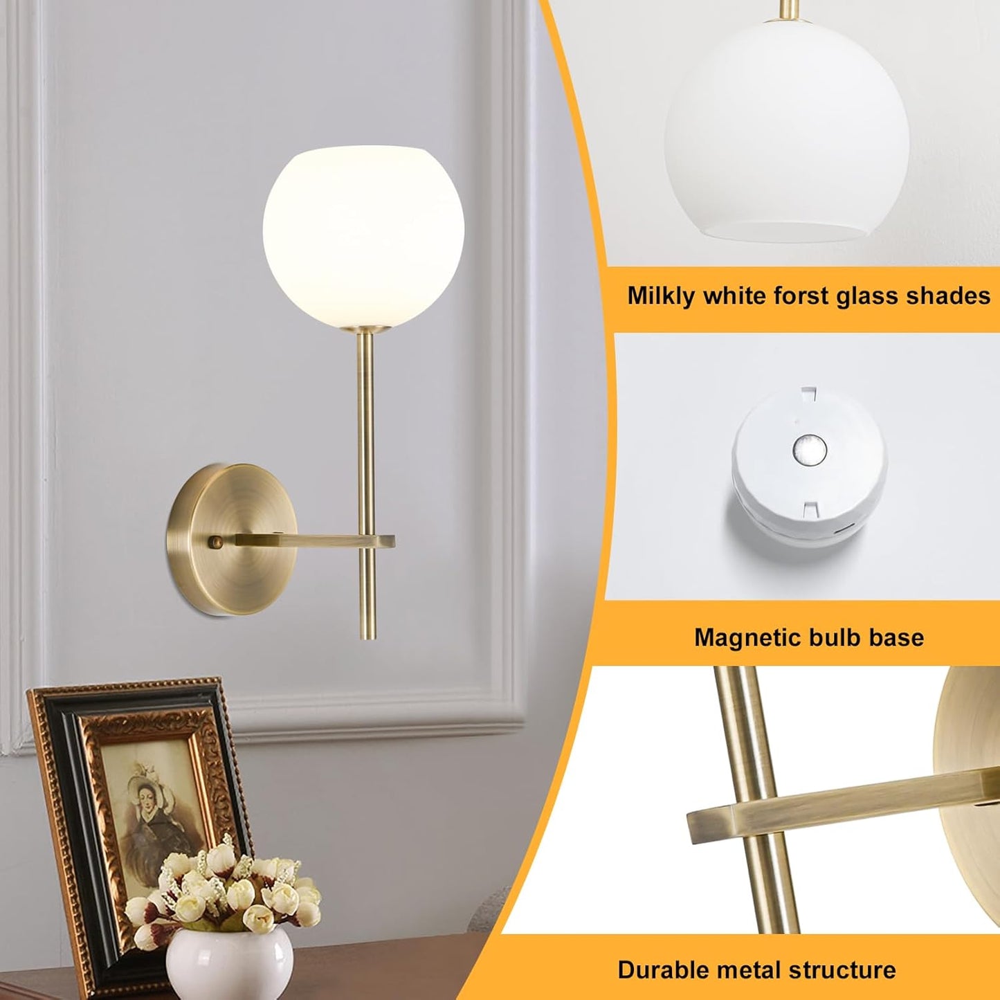 Brass Battery Operated Wall Sconces Set of 2, Rechargeable Wireless Wall Lights with Milky White Frosted Glass, 12 RGB and 3CCT Dimmable, Wall Lamps with Remote for Bedroom Living Room Hallway