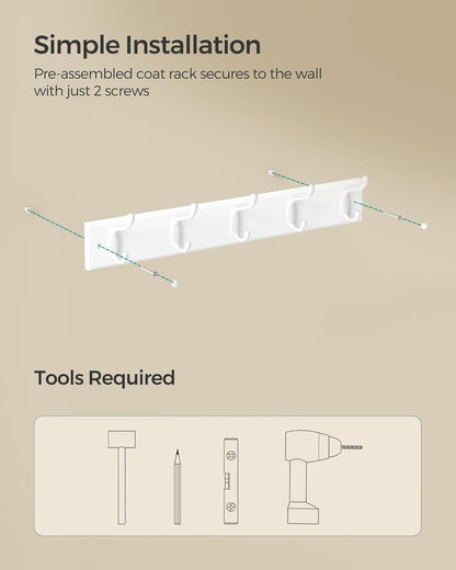SONGMICS Wall-Mounted Coat Rack, Hook Rack, 4 Dual Metal Hooks, White | For Coats, Bags, Keys, in the Entryway, Bedroom, Living Room ULHR23WT