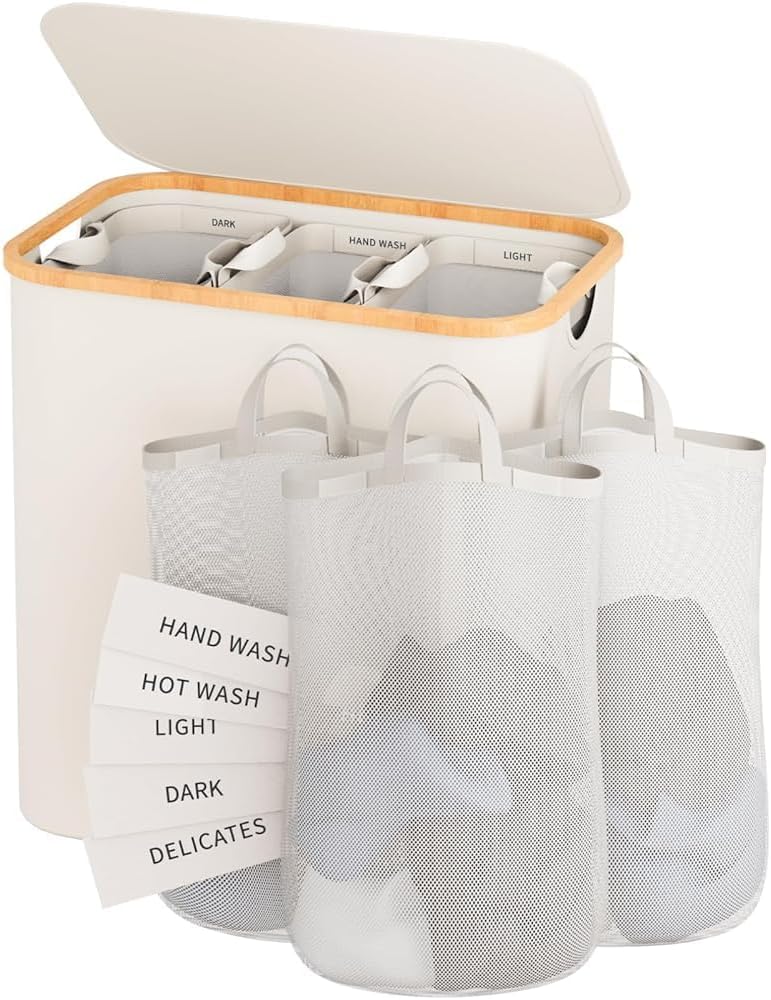 160L Laundry Hamper with Lid, 3 Section Laundry Basket with 3 Removable Bag | Clothes Hampers for Laundry with Bamboo Frame Handle, Large Dirty Clothes Hamper for Laundry Room, Bathroom, Bedroom, Black