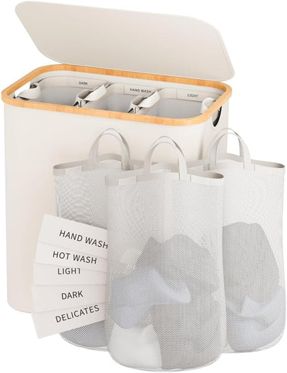 160L Laundry Hamper with Lid, 3 Section Laundry Basket with 3 Removable Bag | Clothes Hampers for Laundry with Bamboo Frame Handle, Large Dirty Clothes Hamper for Laundry Room, Bathroom, Bedroom, Black