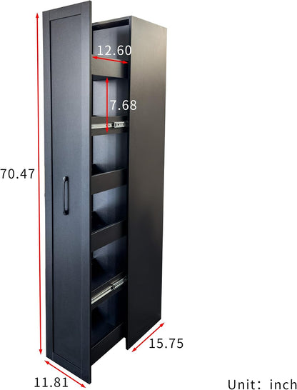 Slim Rolling Storage Cart, 6-Tier Pull-Out Spice Rack with Handle & Wheels, Narrow Kitchen Organizer for Next to Fridge, Pantry, Laundry Room,11.8 Inch Wide Space Saver（Black, With Side Panel)