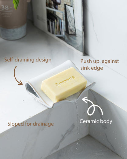Zoeeker Self-Draining Soap Dish, Ceramic Soap Holder with Drain Spout Waterfall Drying Tray for Shower Bathroom Kitchen Sink Bathtub, Keep Soap Bars Dry, Blue