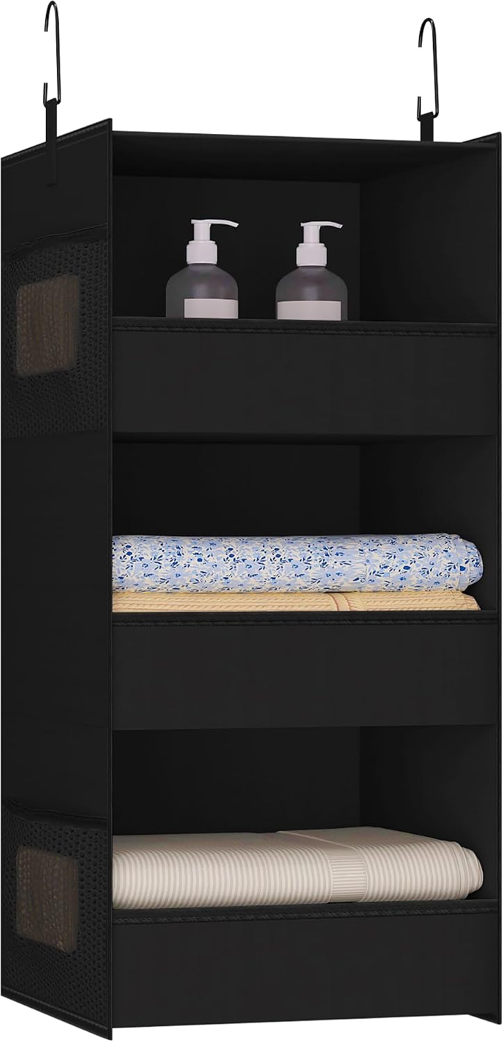 3-Shelf Hanging Closet Organizer, Washable Foldable Storage, Dark Gray | Front lip keeps items secure; side pockets add room; Oxford fabric handles towels, shirts, baby items, dorms, RVs or travel.
