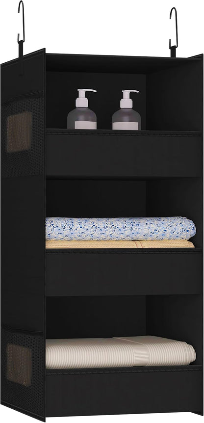 3-Shelf Hanging Closet Organizer, Washable Foldable Storage, Dark Gray | Front lip keeps items secure; side pockets add room; Oxford fabric handles towels, shirts, baby items, dorms, RVs or travel.