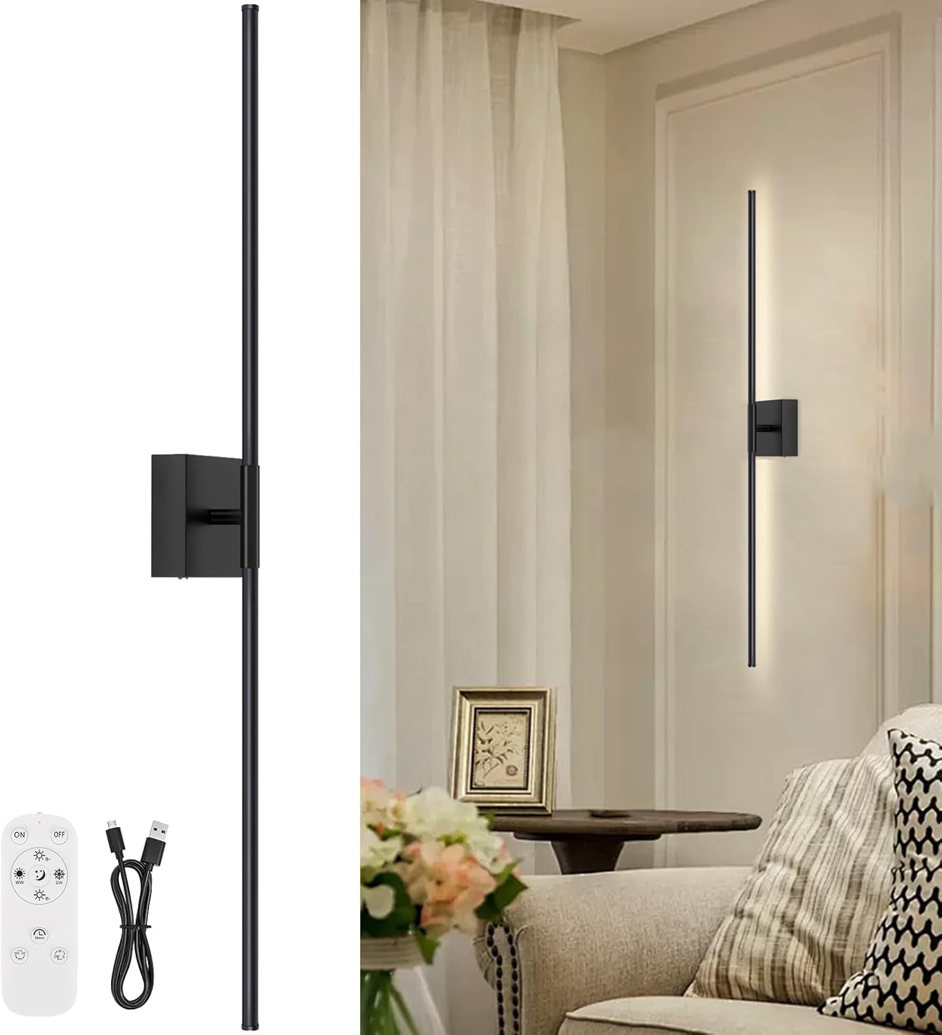 Battery Operated Wall Sconce Set of Two with Remote Control, 3000K-6000K Dimmable Black Wall Lights, Timable LED Wireless Wall Sconces, 350° Ratate for Bathroom, Living Room, Hallway 29.1 Inch