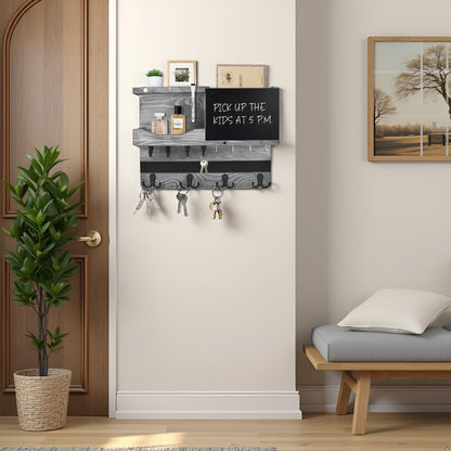 Key Holder for Wall Mount with Shelf and Mail Organizer, Key and Mail Holder with 16 Hooks, Farmhouse Entryway Organizer, Home Decor Rack (Pine Wood, Black)