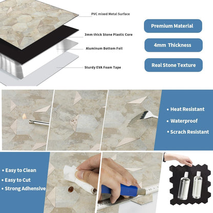 10-Sheet Heavy-Duty Hexagon Peel and Stick Backsplash, Thick Waterproof &Heat Resistant Stick on Wall Tiles, Slate Beige Mosaic for Kitchen & Bathroom, Strong Adhesive Permanent PVC Tiles