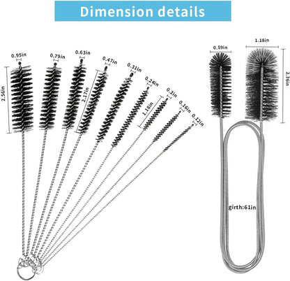 10PCS Flexible Drain Brush Straw Cleaner Brush Set,Pipe Cleaners Brush,61Inch Stainless Steel Double-Ended Hose Brush 8.2Inch Nylon Long CPAP Tube Cleaning Brush for Home Kitchen Sink Plumbing