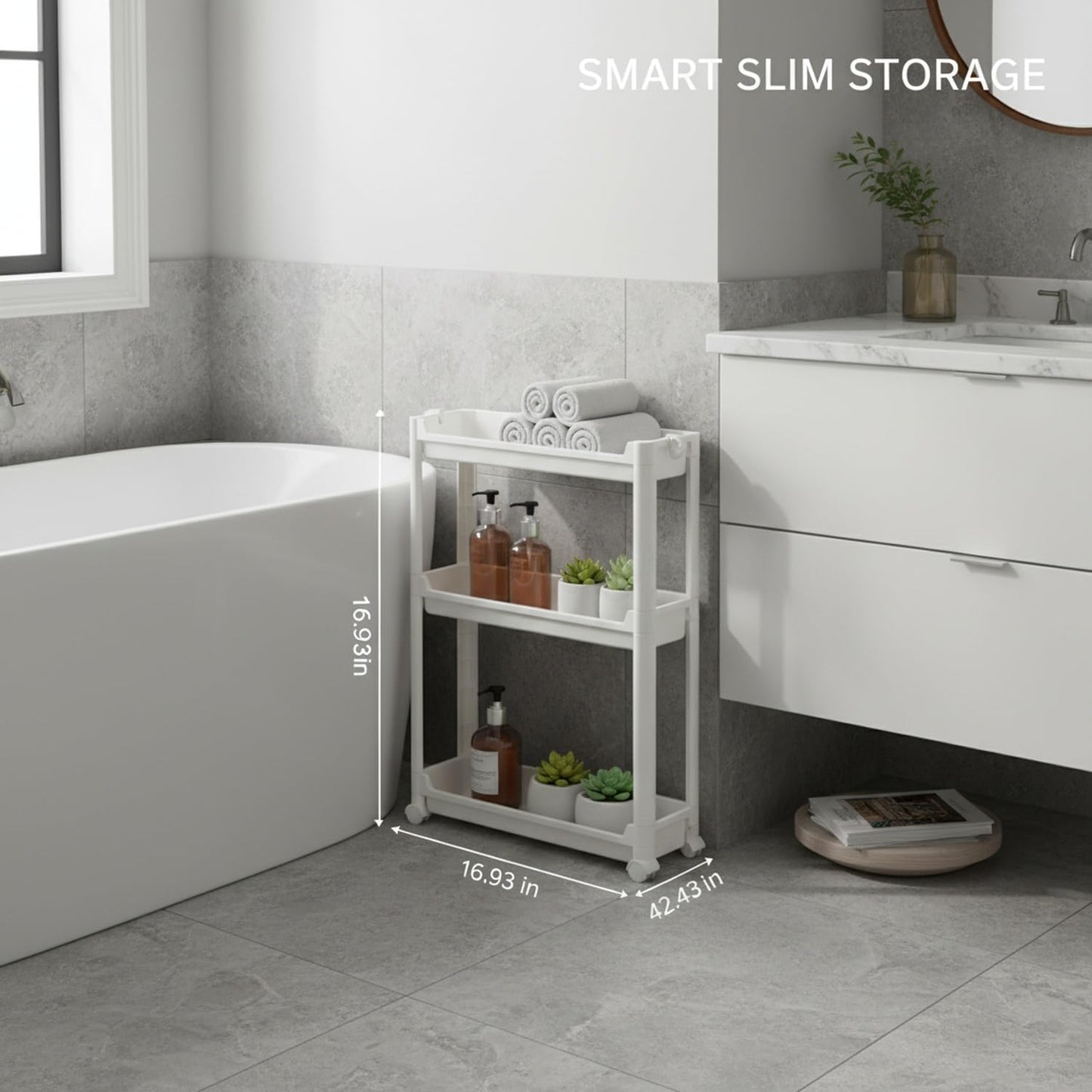 Slim Rolling Storage Cart, White | Plastic Utility Organizer, With Wheels, For Narrow Gaps, Kitchen and Bathroom