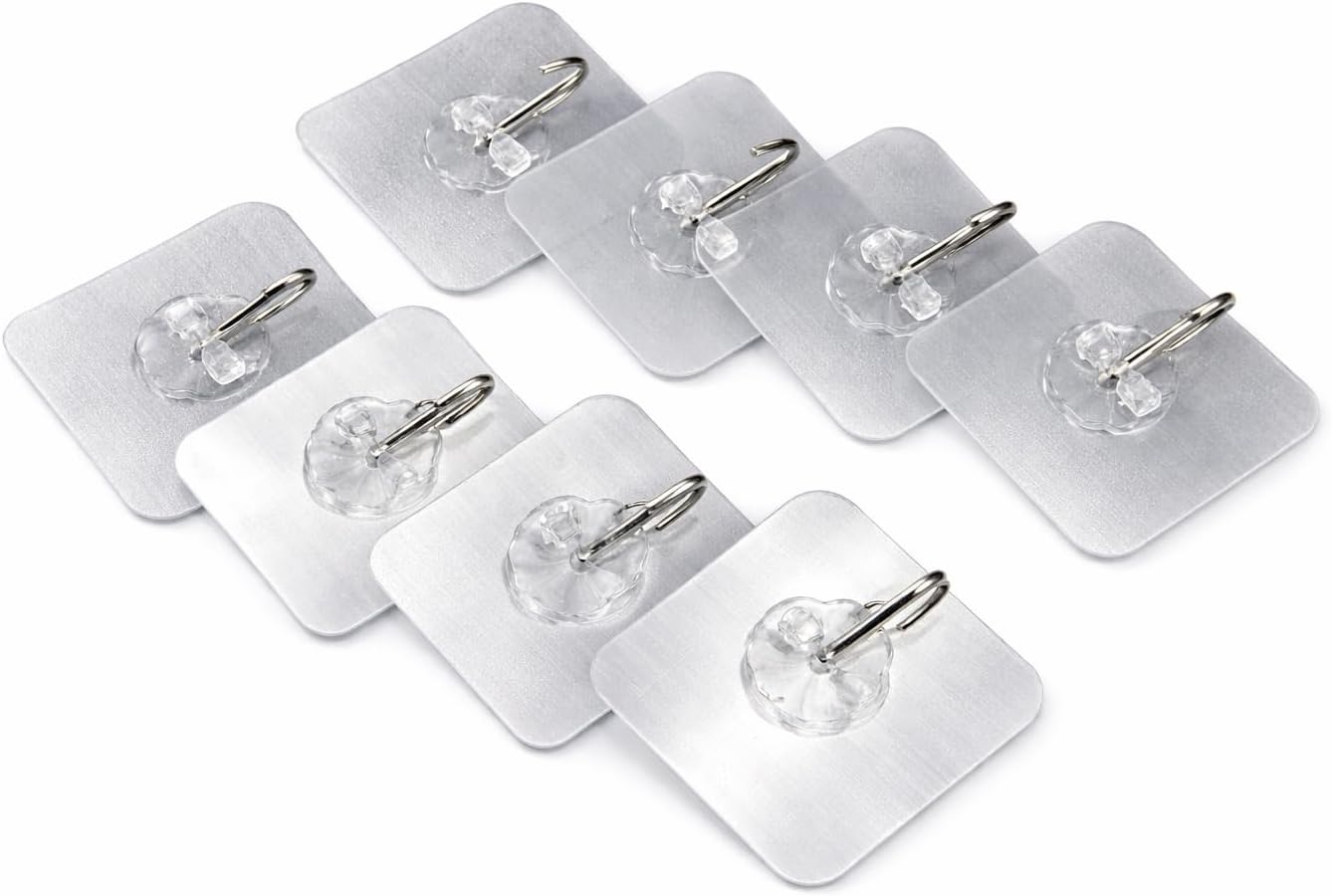 Tech Team #908 Adhesive Wall Hooks – 8-Piece Clear Heavy-Duty Stick-On Hooks for Bathroom, Kitchen, Office, Garage & Outdoor Use – No-Drill, Waterproof, Reusable, Strong Holding Power