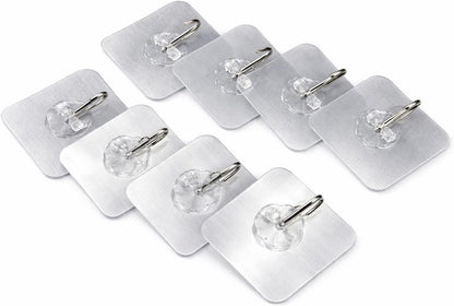 Tech Team #908 Adhesive Wall Hooks – 8-Piece Clear Heavy-Duty Stick-On Hooks for Bathroom, Kitchen, Office, Garage & Outdoor Use – No-Drill, Waterproof, Reusable, Strong Holding Power