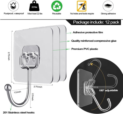D Global Clear Adhesive Wall Hooks, Heavy Duty Self Adhesive, Waterproof & Removable, No Damage for Bathroom Kitchen Outdoor Use (12 Separable Large Hook)
