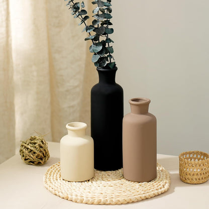 Ceramic Vase Set of 3, Modern Minimalist Neutral Home Decor, Boho Rustic Farmhouse Decorative Vases for Pampas Grass Dried Flowers | Table Centerpiece Entryway Mantel Bookshelf(Black Mix Set - Gray#1)