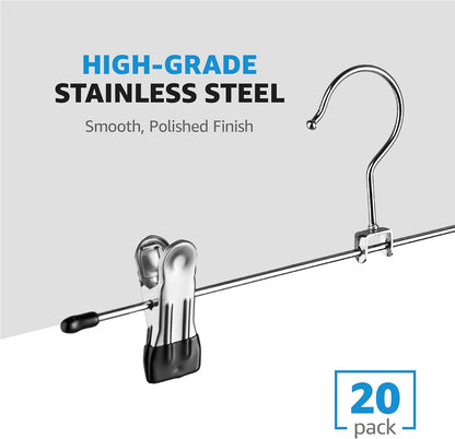 ZOBER Metal Pants Hangers with Clips - Pack of 20 Space Saving Skirt Hangers for Women - Chrome, Non-Slip, Adjustable Clips, for Pants, Skirts, Jeans Closet Organization, College Dorm Essentials