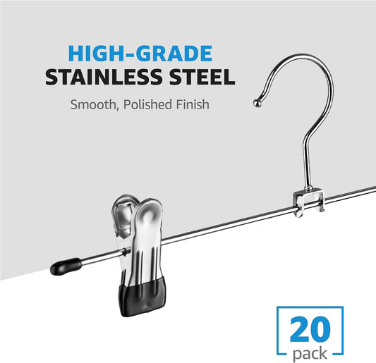 ZOBER Metal Pants Hangers with Clips - Pack of 20 Space Saving Skirt Hangers for Women - Chrome, Non-Slip, Adjustable Clips, for Pants, Skirts, Jeans Closet Organization, College Dorm Essentials