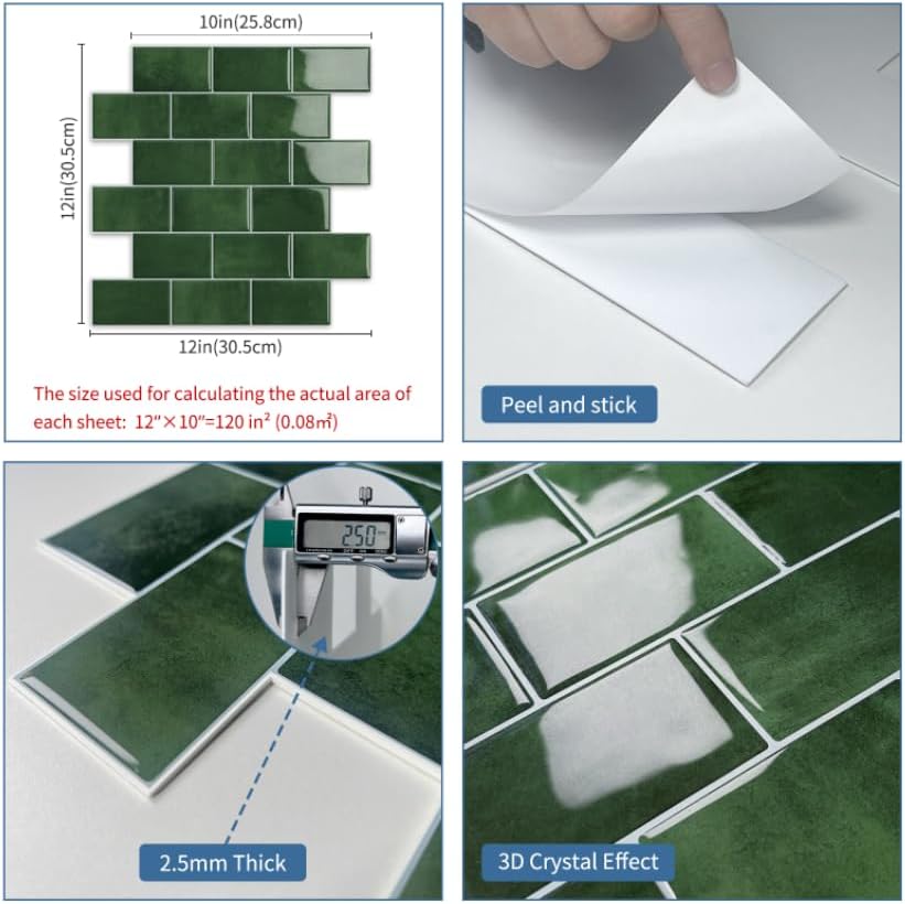 White Peel and Stick Backsplash Subway Tile 3D Brick Self Adhesvie Wall Tiles for Kitchen Bathroom Thick (10-Sheet, 12"×12") | Metro,Thick,Sticky,for Kitchen Splashbacks,Bathroom, (12"×12")