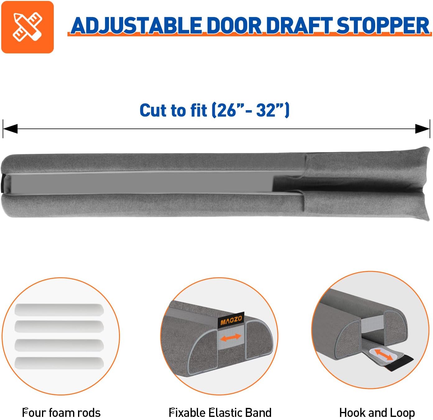 MAGZO Door Draft Stopper, 32 Inch Adjustable Under Door Gap Filler, Fits 26'' - 32'' Bottom Widths, Seals Gaps up to 1.7", Soundproof Sweep Blocks Air, Noise, Light, Dust- Grey