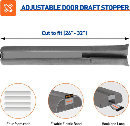 MAGZO Door Draft Stopper, 32 Inch Adjustable Under Door Gap Filler, Fits 26'' - 32'' Bottom Widths, Seals Gaps up to 1.7", Soundproof Sweep Blocks Air, Noise, Light, Dust- Grey