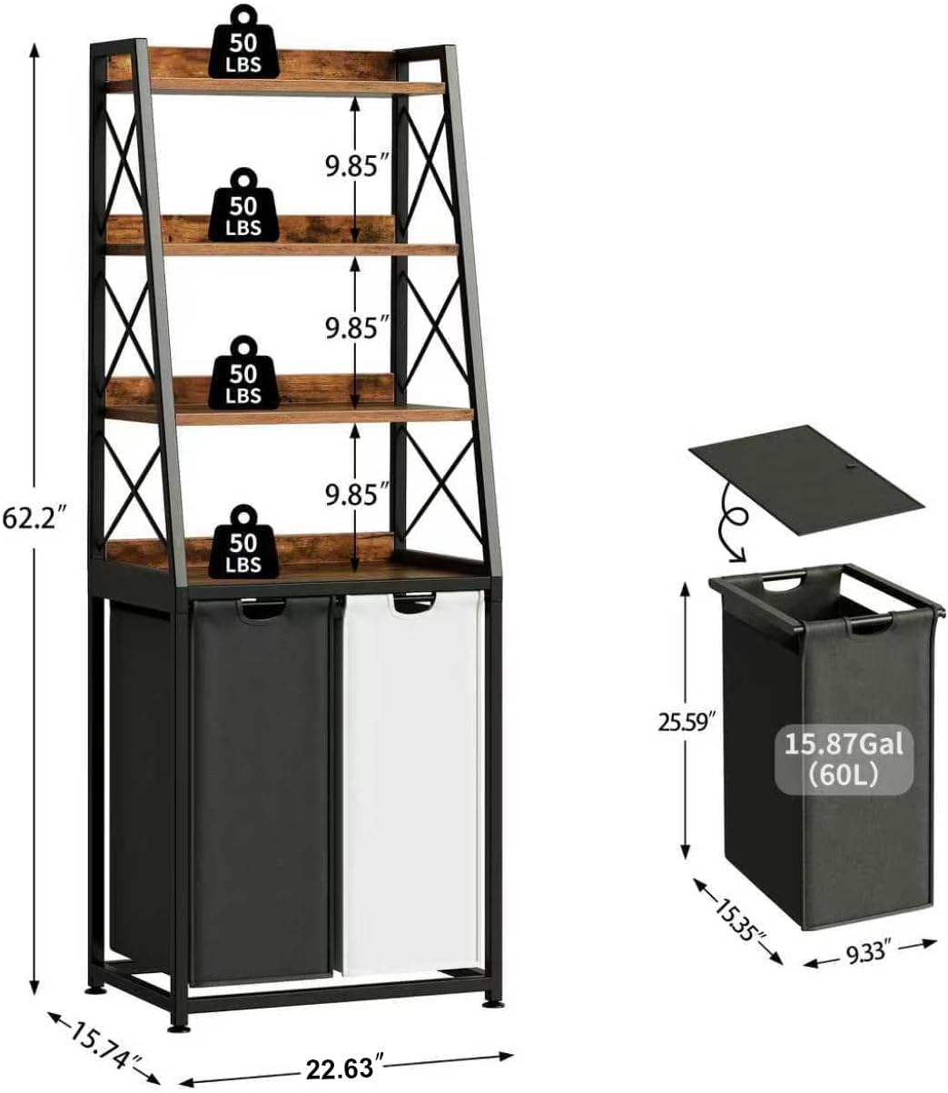 Herture Laundry Basket, 3 Section Laundry Hamper with 4 Tiers Shelf, Pull-Out and Removable Laundry Bags, Large 3 x 15.87 Gallons, for Laundry Room Bathroom Rustic Brown PF05XLN