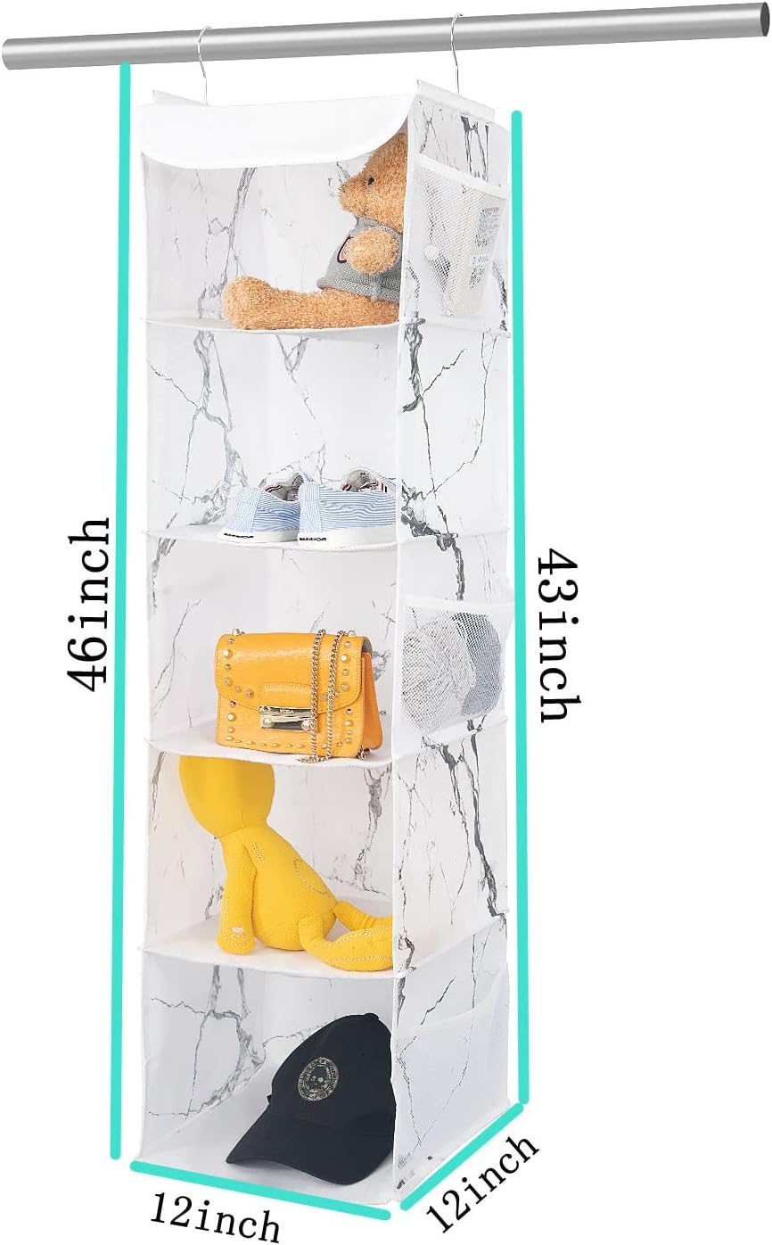 BrilliantJo 2 Pack Hanging Closet Organizer, 5 Shelves Hanging Storage with 6 Side Pockets for Clothes Shoes, 43"x12"x12"(Black)