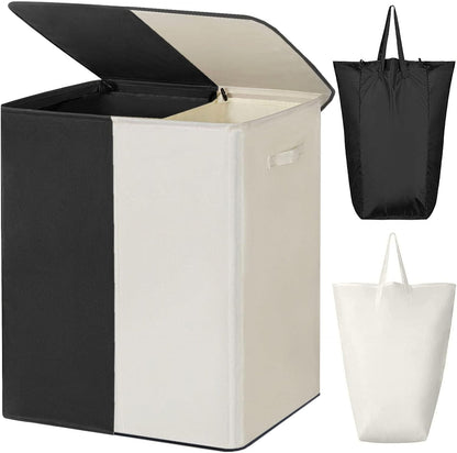 WOWLIVE Double Laundry Baseket with Lid and Removable Laundry Bags,154L Large Laundry Hamper 2 Section Collapsible Dirty Clothes Hamper for Laundry Room,College Dorm,Bathroom,Black and Beige