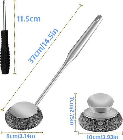 Stainless Steel Wool Scrubber with 2 Replacement Pads - Clean Metal Pans, Pots, Grills & More